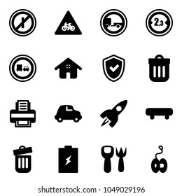 Solid vector icon set - no parkin odd, road for moto vector sign, trailer, limited width, truck overtake, home, shield check, trash bin, printer, car, rocket, skateboard, battery, shovel fork toy