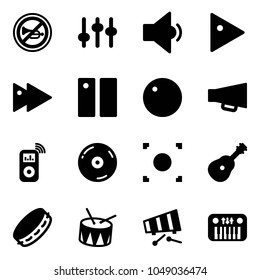 Solid vector icon set - no horn vector road sign, settings, low volume, play, fast forward, pause, record, loudspeaker, music player, cd, button, guitar, tambourine, drum, xylophone, toy piano