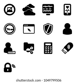 Solid vector icon set - no computer sign vector, clouds, diagnostic monitor, mobile heart, cart horse road, cursor browser, shield, user, password, shared folder, calculator, usb wi fi