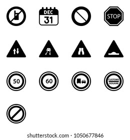 Solid vector icon set - no mobile sign vector, 31 dec calendar, prohibition road, stop, oncoming traffic, slippery, narrows, artificial unevenness, speed limit 50, 60, truck overtake, customs