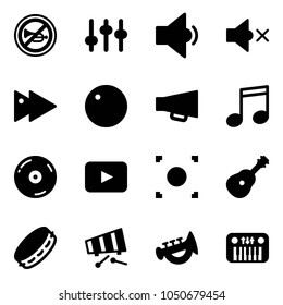 Solid vector icon set - no horn vector road sign, settings, low volume, off, fast forward, record, loudspeaker, music, cd, playback, button, guitar, tambourine, xylophone, toy, piano