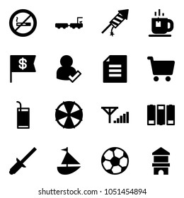 Solid vector icon set - no smoking sign vector, baggage truck, firework rocket, tea, dollar flag, user check, document, cart, drink, parasol, fine signal, battery, clinch, sailboat toy, soccer ball