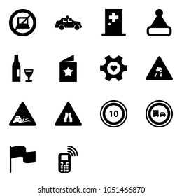 Solid vector icon set - no computer sign vector, safety car, first aid room, christmas hat, wine, star postcard, heart gear, slippery road, gravel, narrows, speed limit 10, truck overtake, flag