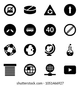 Solid vector icon set - no computer sign vector, pill, round motion road, only forward, detour, bus, minimal speed limit, friends, globe, flask, jalousie, playback