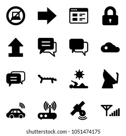 Solid vector icon set - no computer sign vector, right arrow, website, locked, uplooad, chat, dialog, cloud, lounger, reading, satellite antenna, car wireless, wi fi router, fine signal
