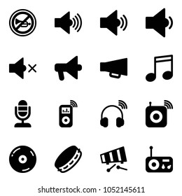Solid vector icon set - no horn vector road sign, volume max, medium, low, off, loudspeaker, music, microphone, player, wireless headphones, speaker, cd, tambourine, xylophone, radio