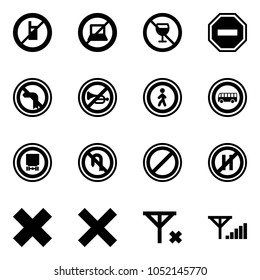 Solid vector icon set - no mobile sign vector, computer, alcohol, way road, left turn, horn, pedestrian, bus, dangerous cargo, back, parking, even, delete cross, signal, fine