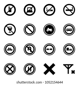 Solid vector icon set - no mobile sign vector, computer, smoking, alcohol, prohibition road, moto, bus, bike, turn back, overtake, truck, stop, parking even, delete, signal