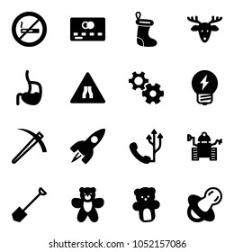 Solid vector icon set - no smoking sign vector, credit card, christmas sock, deer, stomach, Road narrows, gear, idea, job, rocket, phone, robot, shovel, bear toy, soother