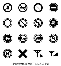 Solid vector icon set - no mobile sign vector, smoking, prohibition road, way, left turn, car, moto, trailer, truck, back, parking even, delete, signal, fine