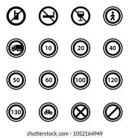 Solid vector icon set - no mobile sign vector, smoking, alcohol, pedestrian road, truck, speed limit 10, 20, 40, 50, 60, 100, 120, 130, bike, stop, parking