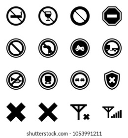 Solid vector icon set - no smoking sign vector, alcohol, prohibition road, way, left turn, moto, trailer, horn, dangerous cargo, overtake, shield cross, delete, signal, fine