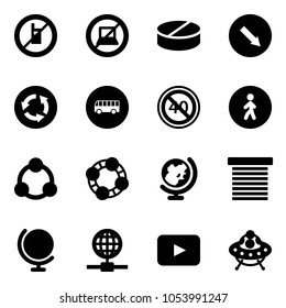 Solid vector icon set - no mobile sign vector, computer, pill, detour road, circle, bus, end minimal speed limit, pedestrian way, social, friends, globe, jalousie, playback, ufo toy