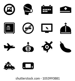 Solid vector icon set - no computer sign vector, medical mask, schedule, doctor hat, safe, end overtake limit road, monitor cursor, crown, plane, dollar growth, sea turtle, banana, car baggage