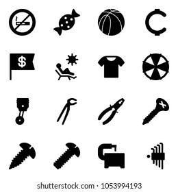 Solid vector icon set - no smoking sign vector, candy, basketball ball, cent, dollar flag, beach, t shirt, parasol, piston, plumber, pliers, screw, machine tool, allen key set