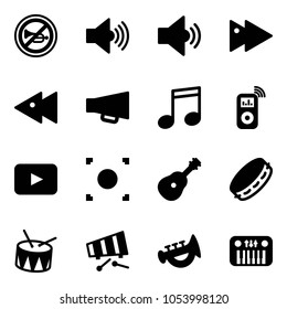 Solid vector icon set - no horn vector road sign, volume max, medium, fast forward, backward, loudspeaker, music, player, playback, record button, guitar, tambourine, drum, xylophone, toy, piano
