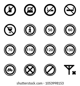 Solid vector icon set - no mobile sign vector, computer, smoking, alcohol, pedestrian road, speed limit 50, 60, 70, 110, 120, 130, bike, stop, parking, signal