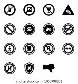 Solid vector icon set - no mobile sign vector, computer, alcohol, multi lane traffic road, prohibition, car, moto, horn, pedestrian, dangerous cargo, turn back, overtake, parking even, shield cross
