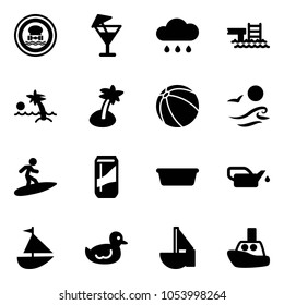Solid vector icon set - no dangerous cargo vector road sign, drink, rain cloud, pool, palm, ball, waves, surfing, basin, oiler, sailboat toy, duck, boat
