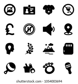 Solid vector icon set - no computer sign vector, identity, dog, alcohol, pound, parking even road, low volume, map pin, head bulb, golden branch, mountains, micro flash card, beanbag, shovel bucket