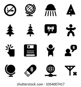 Solid vector icon set - no smoking sign vector, globe, shower, christmas tree, bow message, gymnastics, hand touch, save, success, money dialog, usb wi fi, signal