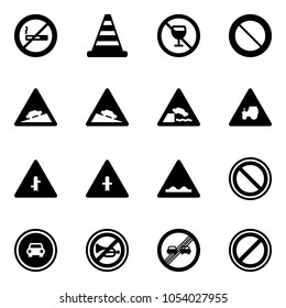 Solid vector icon set - no smoking sign vector, road cone, alcohol, prohibition, climb, steep descent, embankment, tractor way, intersection, rough, car, horn, end overtake limit, parking