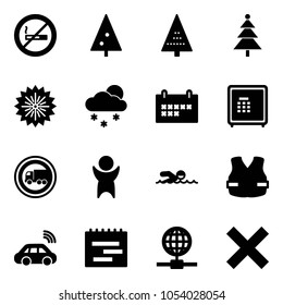 Solid vector icon set - no smoking sign vector, christmas tree, firework, snowfall, schedule, safe, truck road, success, swimming, life vest, car wireless, terms plan, globe, delete
