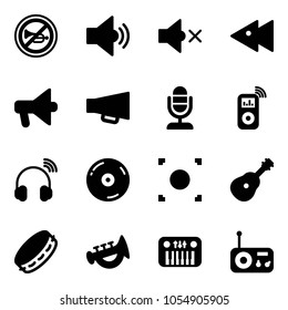 Solid vector icon set - no horn vector road sign, volume medium, off, fast backward, loudspeaker, microphone, music player, wireless headphones, cd, record button, guitar, tambourine, toy, piano