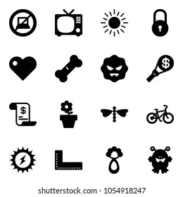 Solid vector icon set - no computer sign vector, tv, sun, lock, heart, broken bone, virus, money torch, account history, flower pot, dragonfly, bike, power, corner ruler, beanbag, toy monster