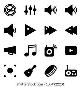 Solid vector icon set - no horn vector road sign, settings, volume max, medium, low, play, fast forward, backward, loudspeaker, music, wireless speaker, playback, record button, guitar, tambourine