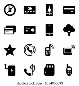 Solid vector icon set - no mobile sign vector, credit card, christmas, tap pay, phone, upload cloud, star, horn, notebook wi fi, power bank, micro flash, toy