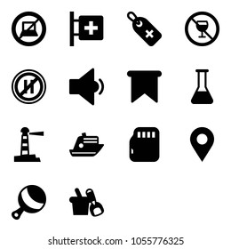 Solid vector icon set - no computer sign vector, first aid room, medical label, alcohol, parking even road, low volume, flag, flask, lighthouse, cruiser, micro flash card, navigation pin, beanbag