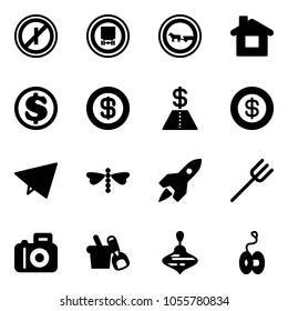 Solid vector icon set - no parkin odd, dangerous cargo vector road sign, cart horse, home, dollar, paper fly, dragonfly, rocket, farm fork, camera, shovel bucket, wirligig toy, yoyo