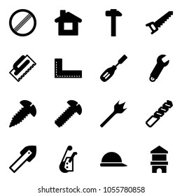 Solid vector icon set - no limit vector road sign, home, hammer, saw, trowel, corner ruler, chisel, wrench, screw, wood drill, tile, winch, construction helmet, toy block house