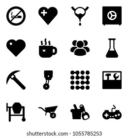 Solid vector icon set - no smoking sign vector, heart, bladder, safe, hot tea, group, flask, rock axe, piston, circuit, tool box, concrete mixer, wheelbarrow, shovel bucket, gamepad