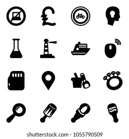 Solid vector icon set - no computer sign vector, pound, bike road, head bulb, flask, lighthouse, cruiser, mouse wireless, micro flash card, navigation pin, shovel bucket, beanbag