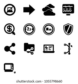 Solid vector icon set - no computer sign vector, right arrow, clouds, diagnostic monitor, money click, limited width road, truck overtake, shield, share, shared folder, statistics, bezier