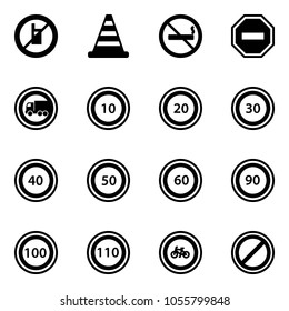 Solid vector icon set - no mobile sign vector, road cone, smoking, way, truck, speed limit 10, 20, 30, 40, 50, 60, 90, 100, 110, bike, parking