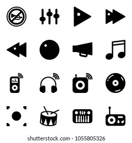 Solid vector icon set - no horn vector road sign, settings, play, fast forward, backward, record, loudspeaker, music, player, wireless headphones, speaker, cd, button, drum, toy piano, radio
