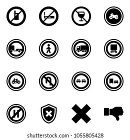 Solid vector icon set - no mobile sign vector, smoking, alcohol, moto road, trailer, pedestrian, truck, dangerous cargo, bike, turn back, overtake, parking even, shield cross, delete, dislike