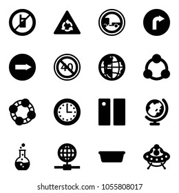 Solid vector icon set - no mobile sign vector, round motion road, trailer, only right, end minimal speed limit, globe, social, friends, time, pause, flask, basin, ufo toy