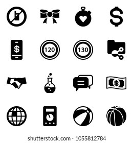 Solid vector icon set - no mobile sign vector, bow, stopwatch heart, dollar, payment, speed limit 120 road, 130, shared folder, agreement, round flask, dialog, money, globe, multimeter, beach ball