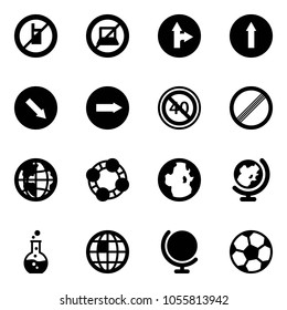 Solid vector icon set - no mobile sign vector, computer, only forward right road, detour, end minimal speed limit, globe, friends, round flask, soccer ball