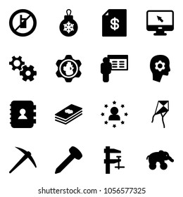 Solid vector icon set - no mobile sign vector, christmas ball, account statement, monitor cursor, gear, globe, presentation, brain work, contact book, dollar, star man, kite, axe, nail, clamp