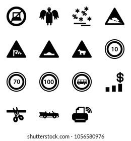 Solid vector icon set - no computer sign vector, angel, christmas sale, steep descent road, side wind, artificial unevenness, cow, speed limit 10, 70, 100, bus, dollar chart, opening, cabrio