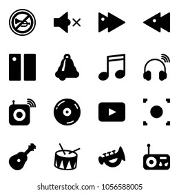 Solid vector icon set - no horn vector road sign, volume off, fast forward, backward, pause, bell, music, wireless headphones, speaker, cd, playback, record button, guitar, drum, toy, radio