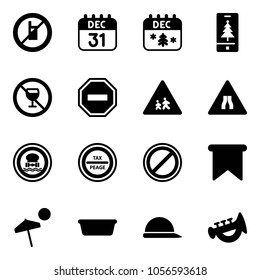 Solid vector icon set - no mobile sign vector, 31 dec calendar, christmas, alcohol, way road, children, narrows, dangerous cargo, tax peage, parking, flag, beach, basin, construction helmet