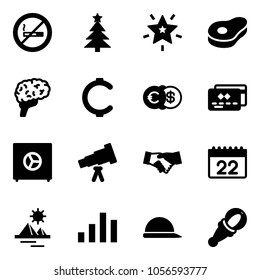 Solid vector icon set - no smoking sign vector, christmas tree, star, meat, brain, cent, euro dollar, credit card, safe, telescope, agreement, calendar, pyramid, chart, construction helmet, beanbag