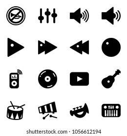Solid vector icon set - no horn vector road sign, settings, volume max, medium, play, fast forward, backward, record, music player, cd, playback, guitar, drum, xylophone, toy, piano