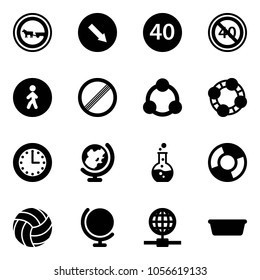 Solid vector icon set - no cart horse vector road sign, detour, minimal speed limit, end, pedestrian way, social, friends, time, globe, round flask, circle chart, volleyball, basin